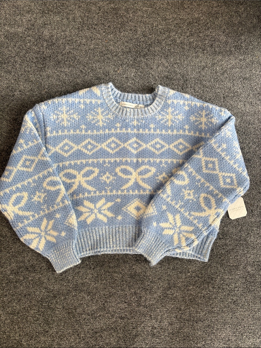 NEW! Altar'd State Light Blue & White Bow & Snowflake Crewneck Sweater -Size XXS